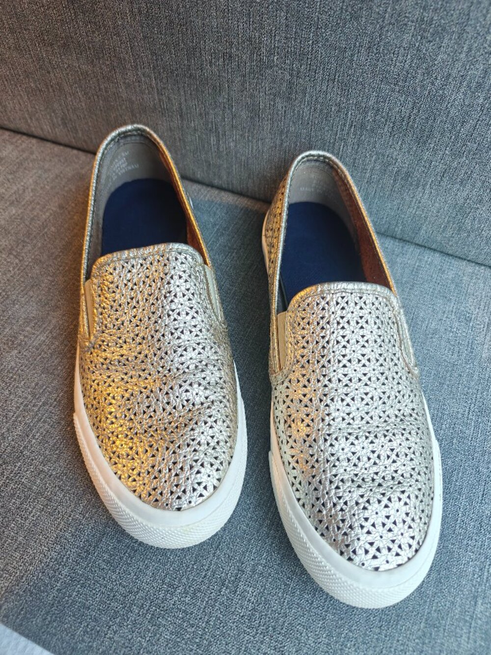 Sperry Metallic Gold Perforated Leather Slip On Sneakers